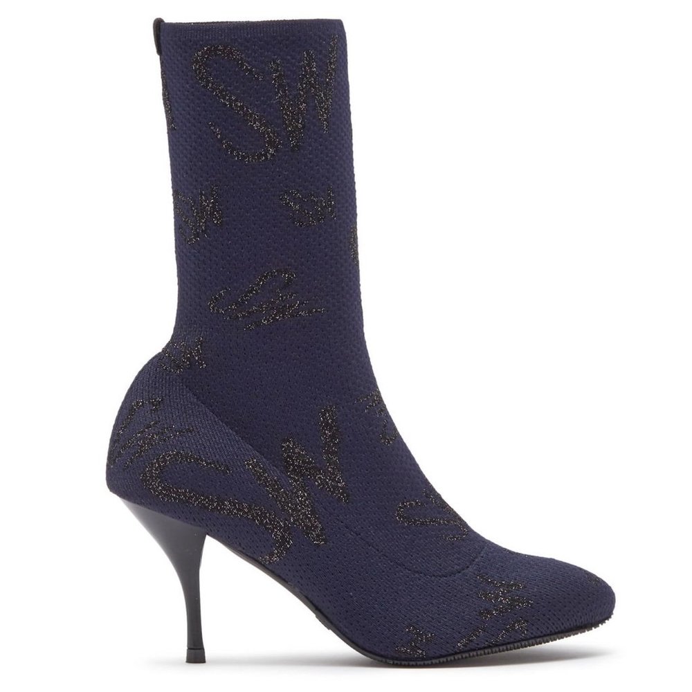 New STUART WEITZMAN Violetta Sock Heeled Boot with SW Print, US 6